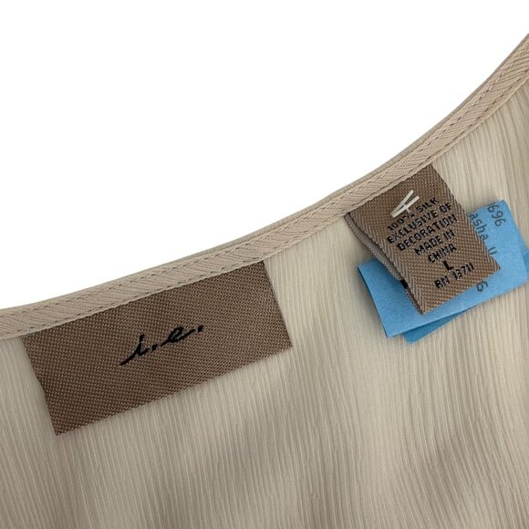 Sheer Beige silk Long Sleeve Embroidered Blouse Tie Waist  flowy boho feminine m - Picture 4 of 9